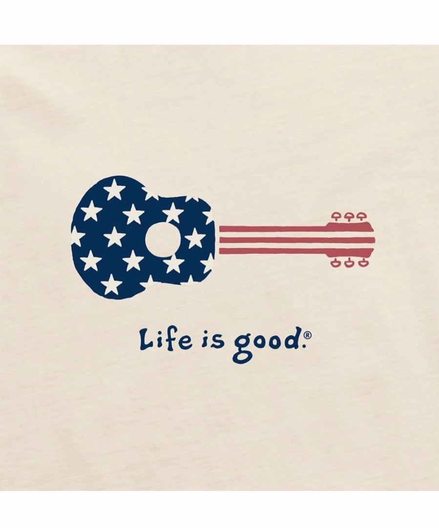 Hot * Cheap Life Is Good Putty White 'Life Is Good' Patriotic Guitar Crusher Crewneck Tee Men & Big