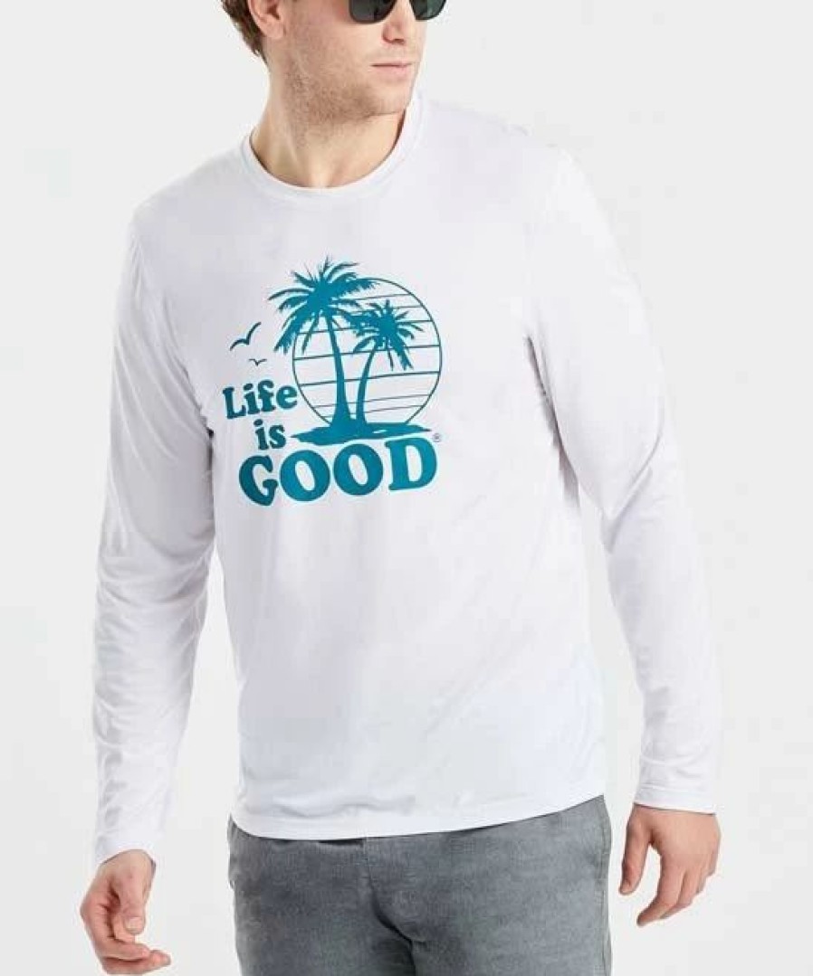 Hot * Best Sale Life Is Good Cloud White 'Life Is Good' Palm Tree Long-Sleeve Active Crewneck Tee Men