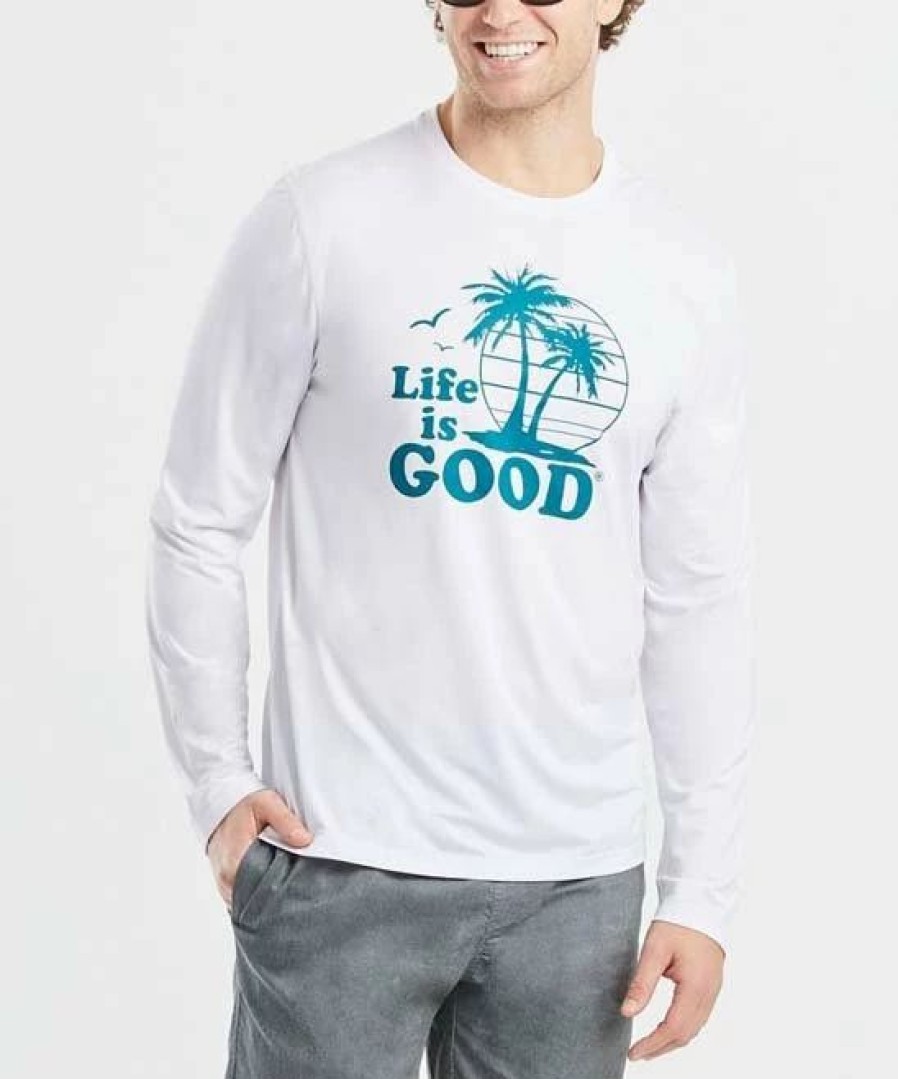 Hot * Best Sale Life Is Good Cloud White 'Life Is Good' Palm Tree Long-Sleeve Active Crewneck Tee Men