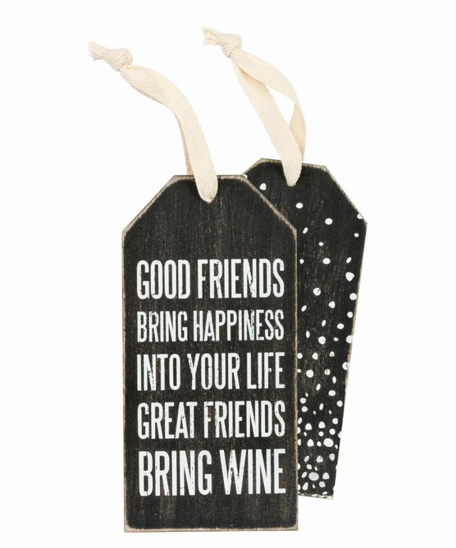 New * New Primitives By Kathy Black & White 'Great Friends Bring Wine' Bottle Tag