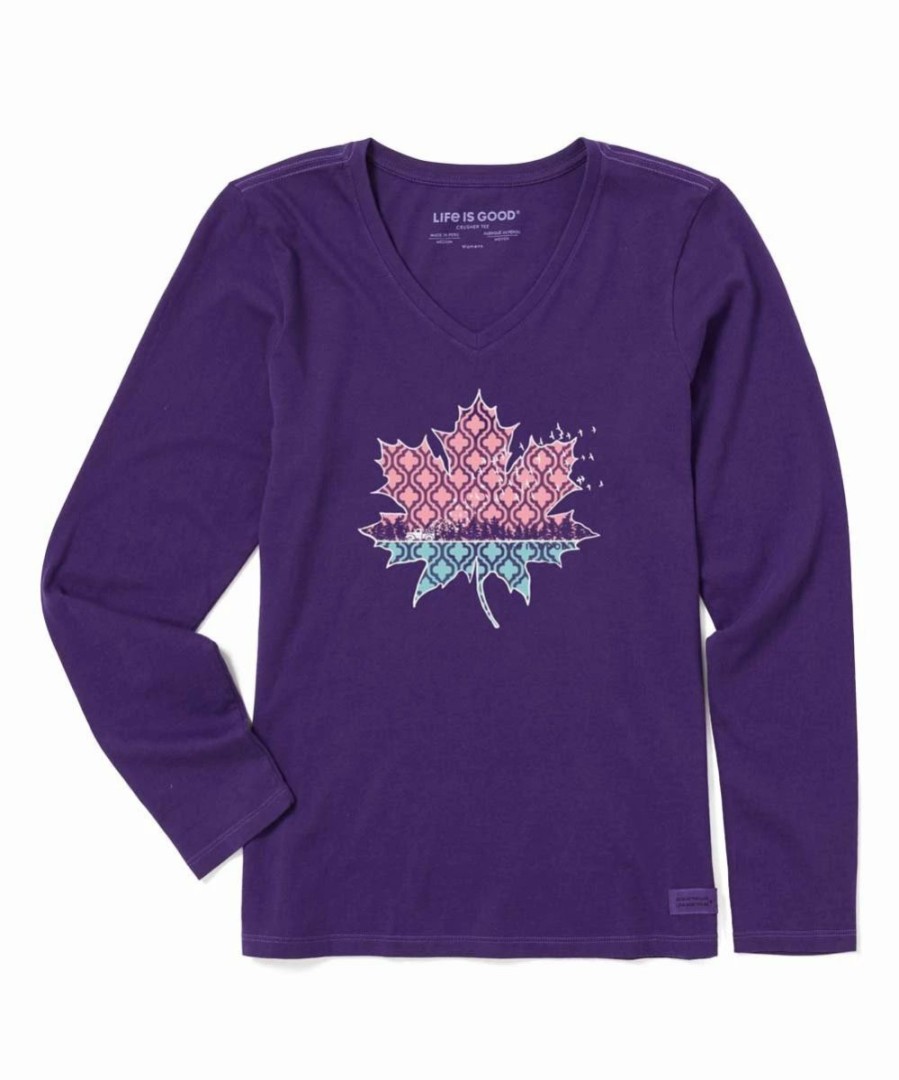 Best * Flash Sale Life Is Good Deep Purple Leaf Fall Scene Long-Sleeve Crewneck Tee Women & Plus