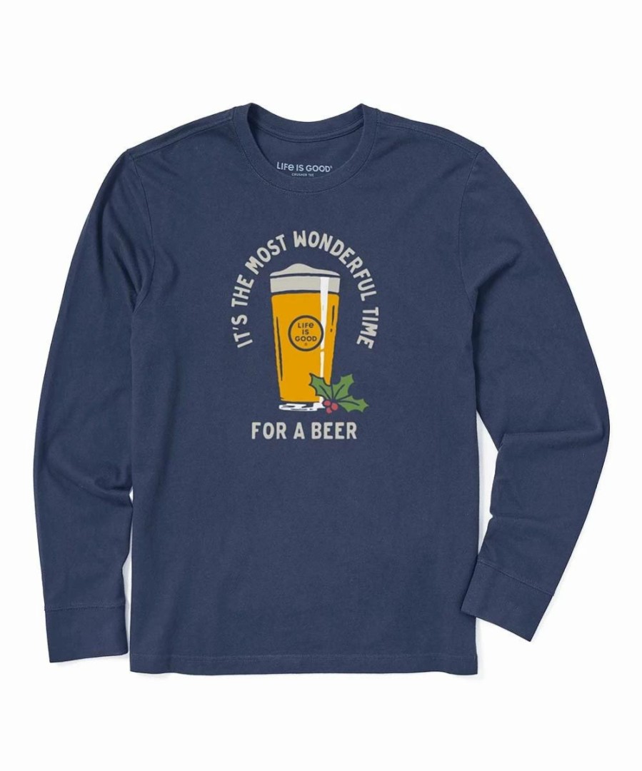 Wholesale * Cheap Life Is Good Darkest Blue 'Wonderful Time For A Beer' Long-Sleeve Tee Men