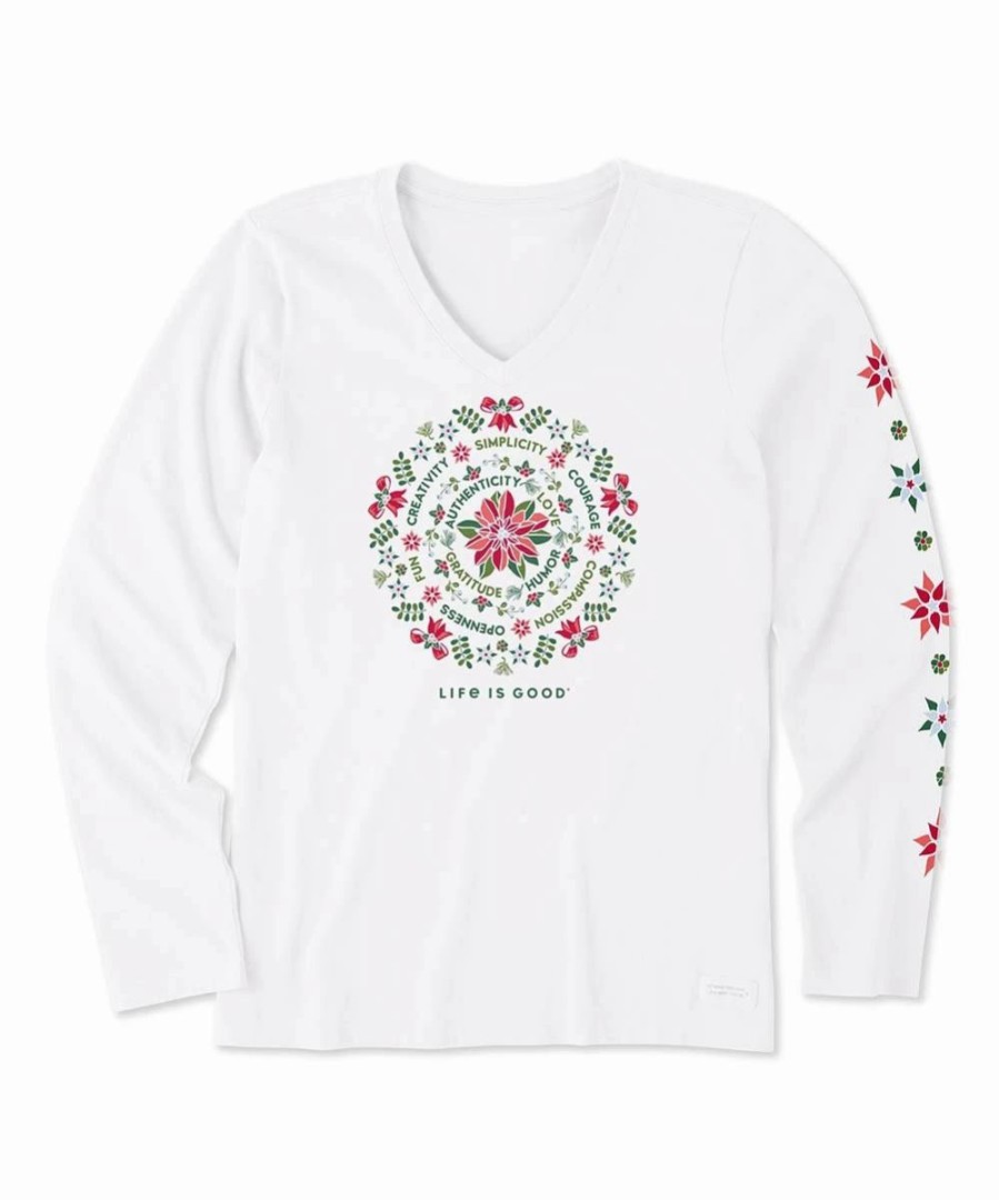 Wholesale * Best Deal Life Is Good Cloud White & Red Poinsettia Mandala V-Neck Long-Sleeve Top Women