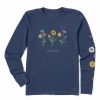 Online * Cheapest Life Is Good Darkest Blue Botanical Flower Long-Sleeve Crewneck Tee Women