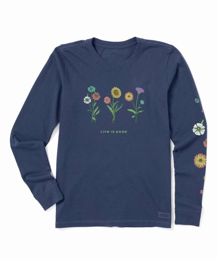 Online * Cheapest Life Is Good Darkest Blue Botanical Flower Long-Sleeve Crewneck Tee Women