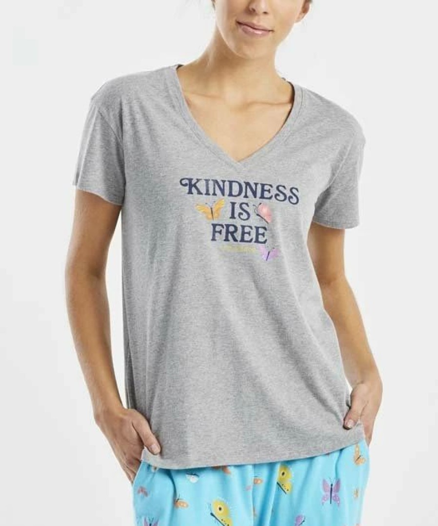 New * Cheap Life Is Good Heather Gray 'Kindness Is Free' V-Neck Pajama Top Women