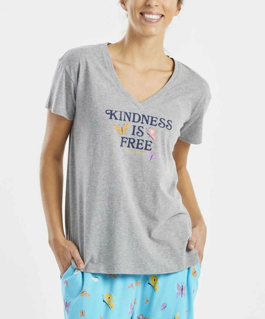 New * Cheap Life Is Good Heather Gray 'Kindness Is Free' V-Neck Pajama Top Women