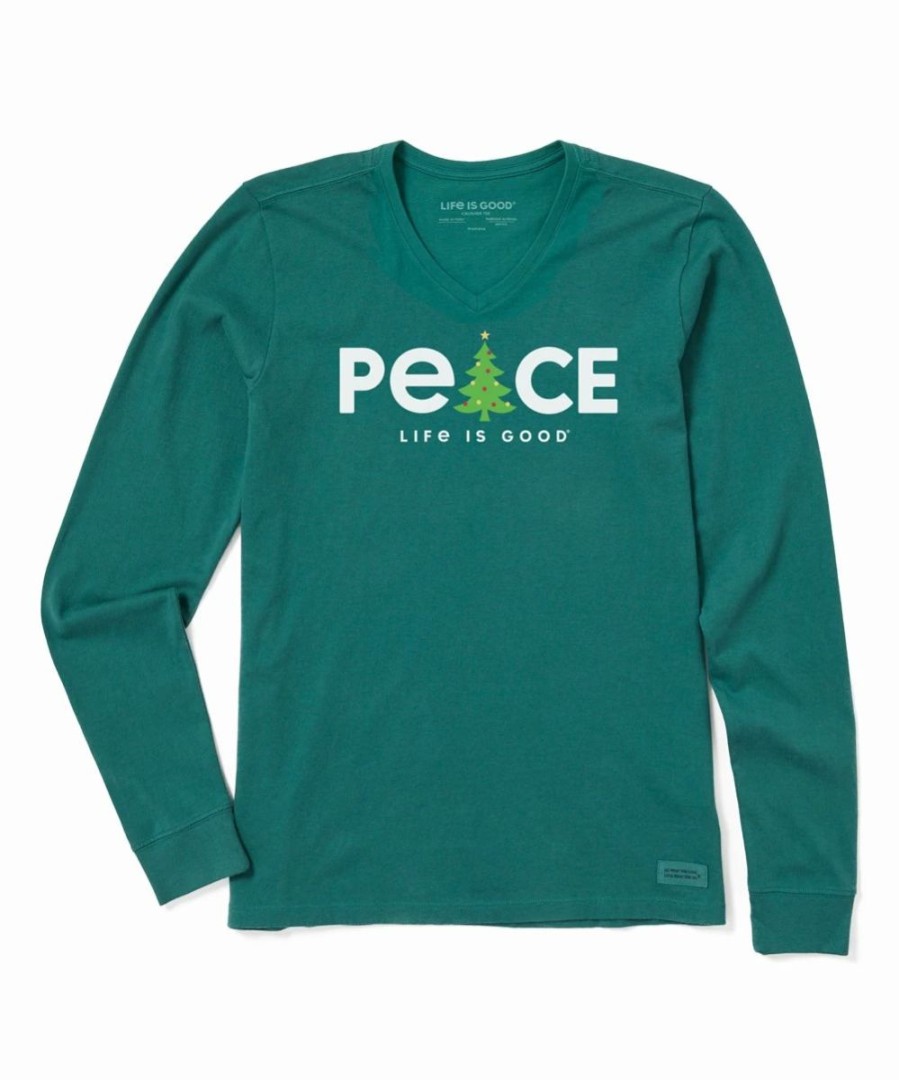 Hot * Buy Life Is Good Spruce Green 'Peace' Christmas Crusher V-Neck Long-Sleeve Tee Women